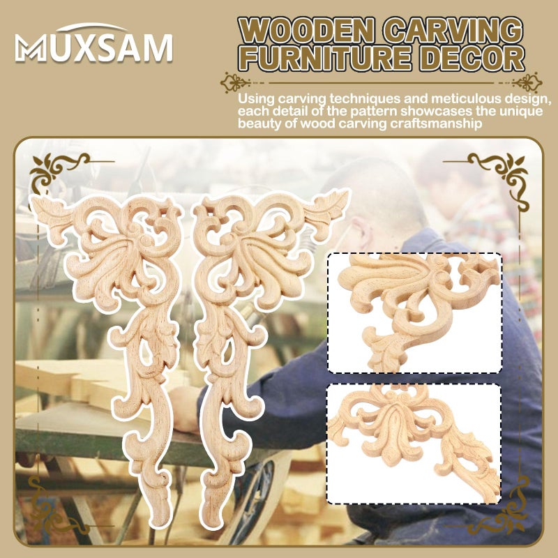 MUXSAM 1-Pair Wood Carved Onlays, 20x10cm/7.87"x3.94", Left&Right Decorated Furniture Appliques, Wooden Carving Corner Decals for Cabinet Drawer Cupboard Dresser Mirror Door Wall Bed DIY Projects - Image 3